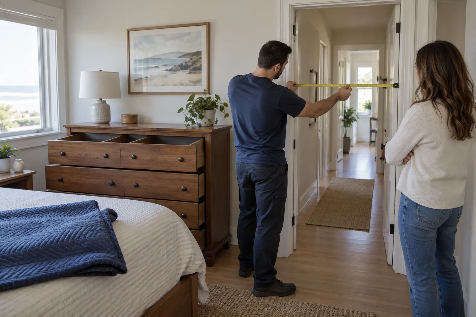 Worker measuring a hallway before moving a dresser